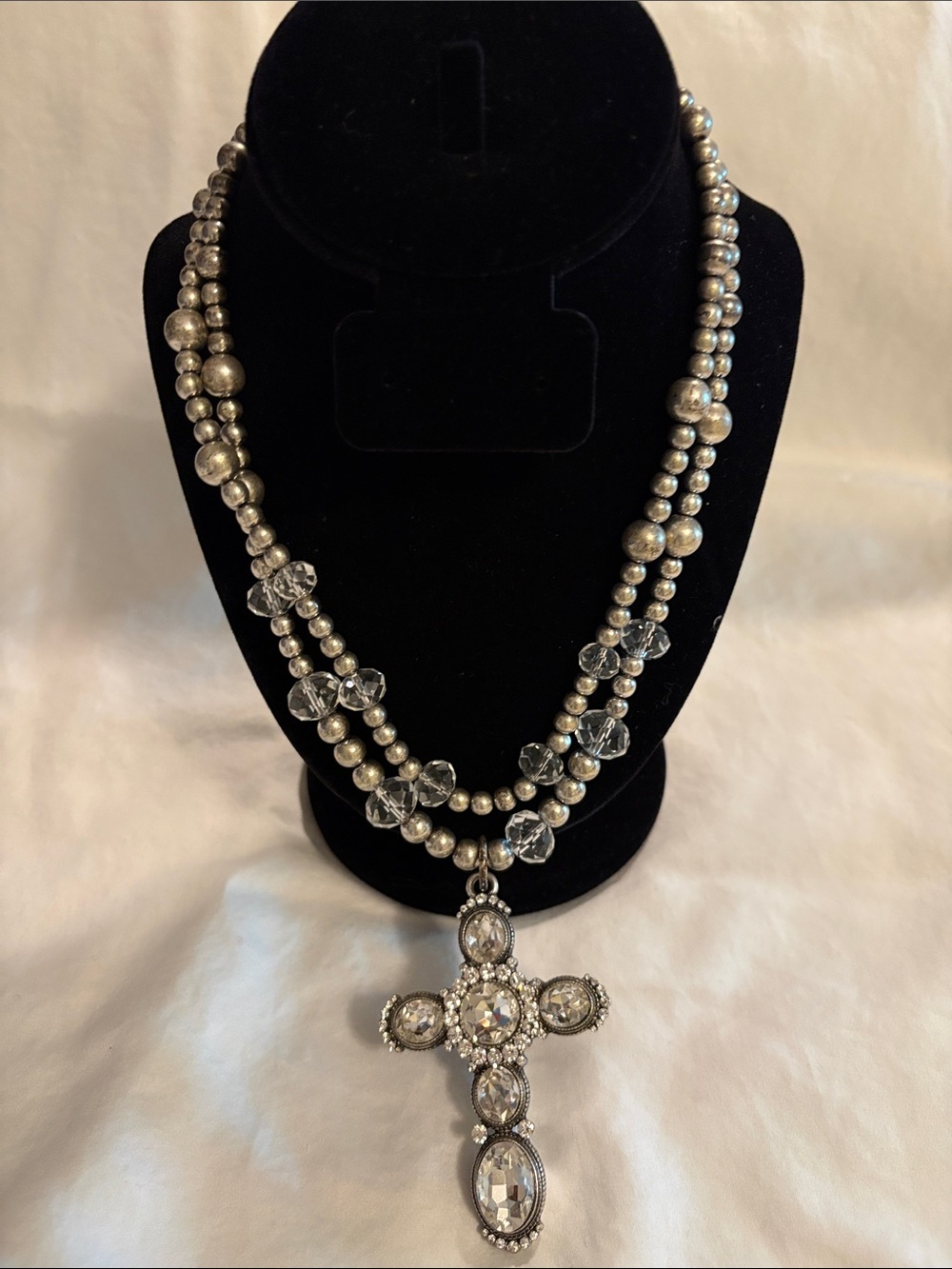 Unk Silver-Tone Beaded Cross Pendant Necklace with Clear Accents